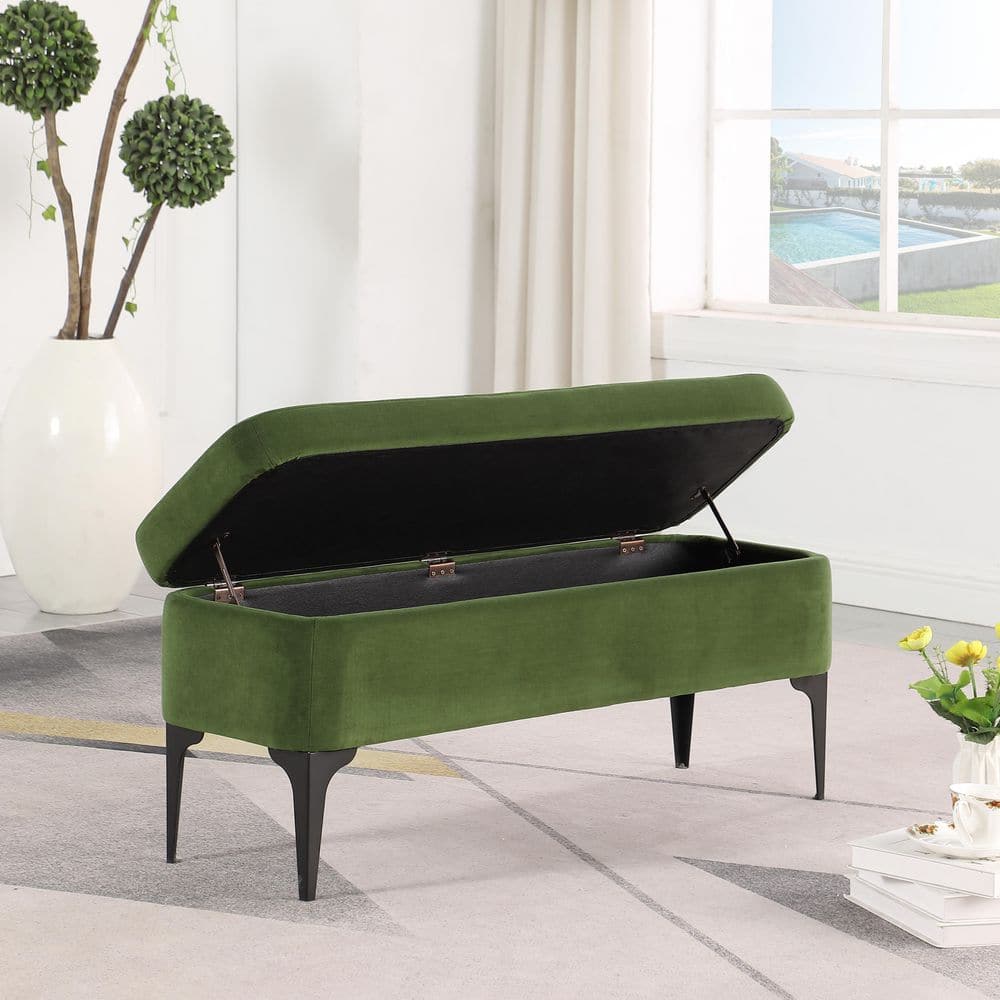 Modern Glamorous Green Velvet Storage Bench with Matte Black Legs