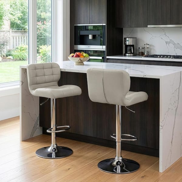 Set of 2 Adler Ashy Color Light Taupe Metal Faux Leather Adjustable Height Bar Stool