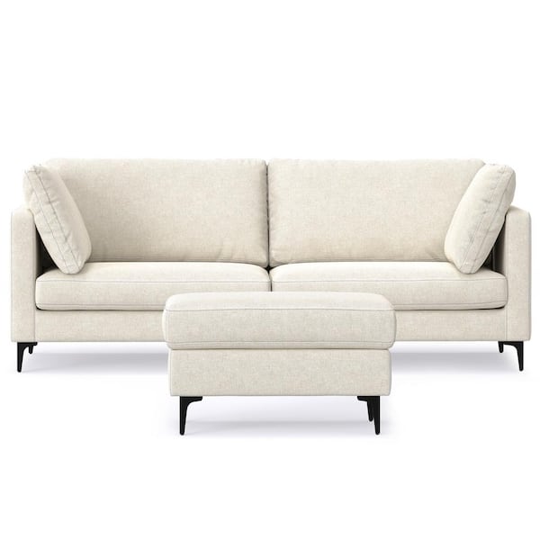 Simpli Home Ava 90 in. Straight Arm Tightly Woven Performance Fabric Mid Century Rectangle Sofa and Ottoman Set in. Cream