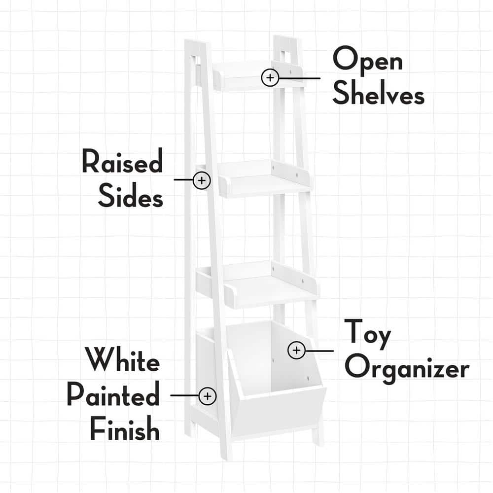 White and Olive Kids 4-Tier Ladder Shelf with Toy Organizer