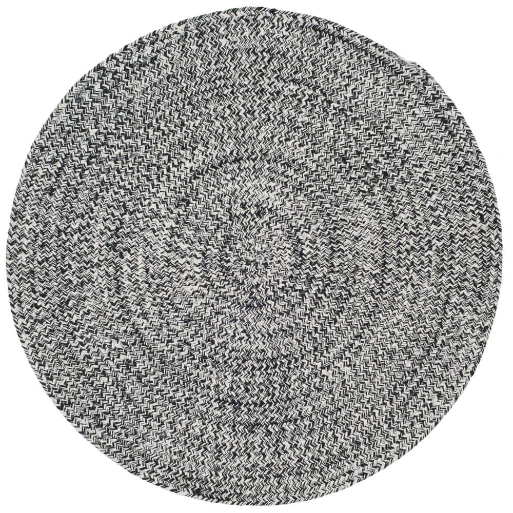 Ivory and Black Round Braided Wool and Cotton Rug
