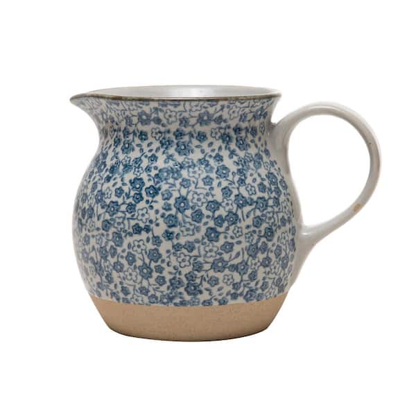 Storied Home 16 fl. Oz. Blue and White Hand-Painted Stoneware Pitcher with Floral Print