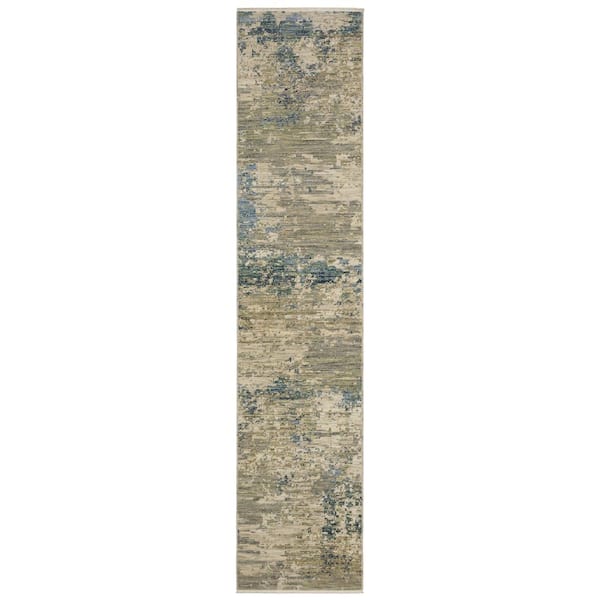 AVERLEY HOME Solano Beige/Blue 2 ft. x 12 ft. Modern Abstract Wool Nylon Blend Fringe-Edge Indoor Runner Area Rug