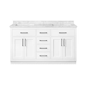 Athea 60 in. W x 22 in. D x 34 in. H Double Sink Bath Vanity in White with White Engineered Marble Top with Outlet