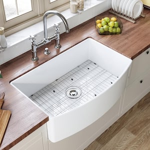 Fireclay 33 in. Single Bowl Farmhouse Apron Front Kitchen Sink Workstation with Bottom Grid and Strainer