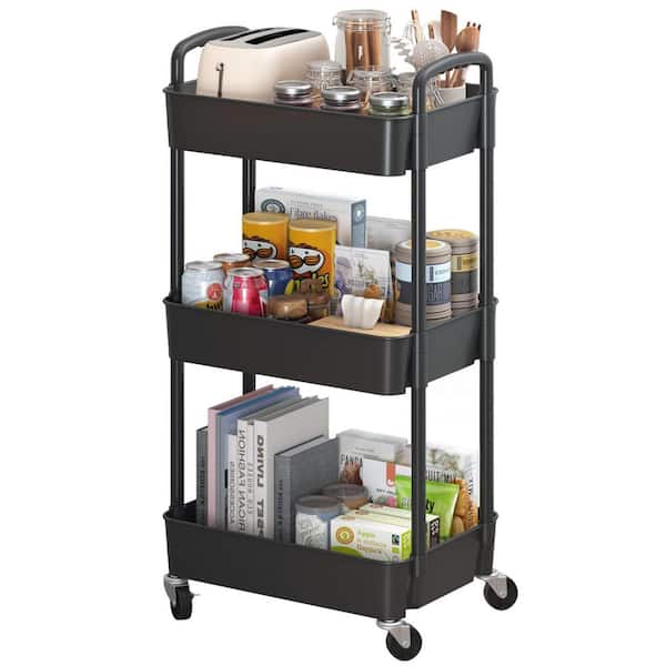 3-Tier Plastic-Wheeled Storage Utility Cart in Black