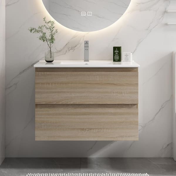 FAMYYT 30 in. W x 18 in. D x 20.25 in. H Single Sink Wall Bath Vanity in Light Oak with White Ceramic Top