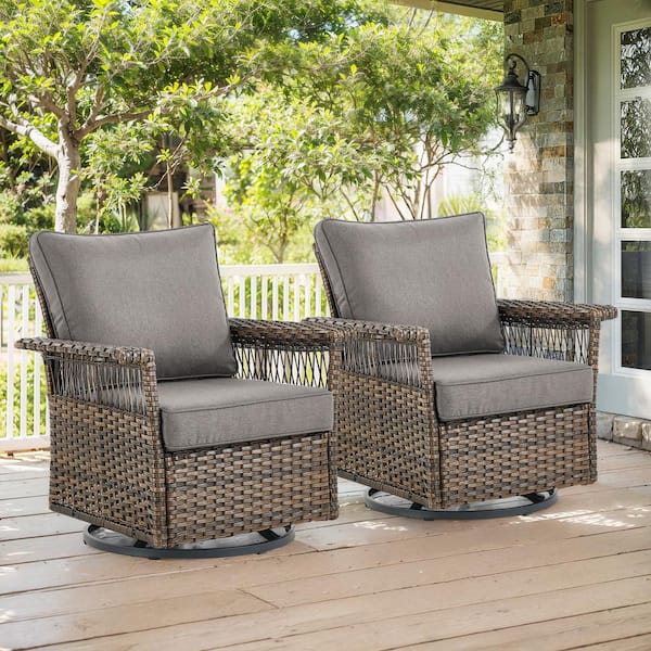 Gymojoy StLouis 2-Person Patio Swivel Chair Brown Wicker Outdoor Glider with Gray Cushions