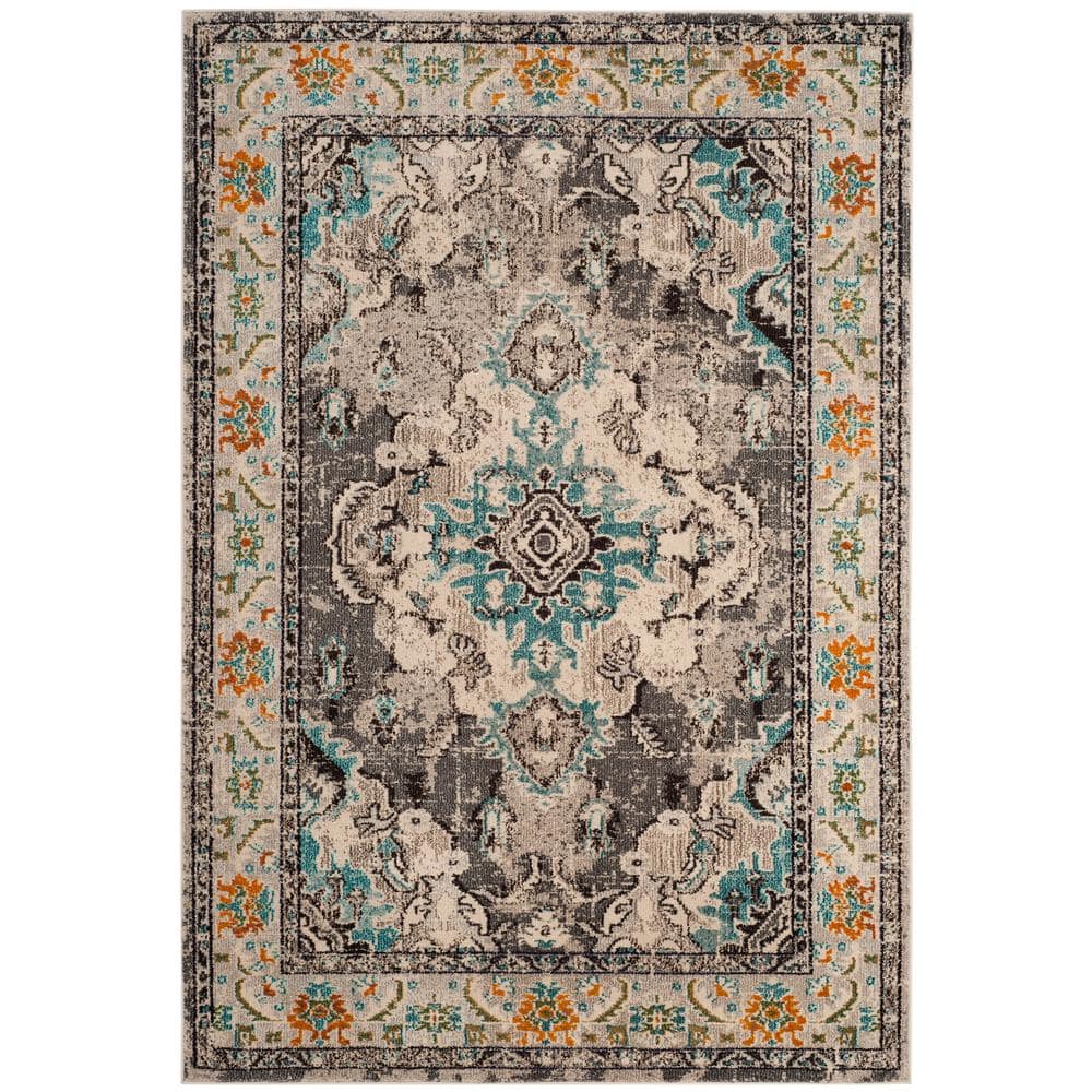 Grey and Orange Medallion 59" Round Synthetic Easy-Care Rug