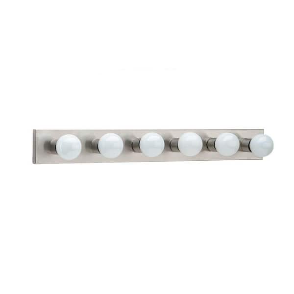 Center Stage 36 in. 6-Light Brushed Stainless Traditional Wall Dressing Room Hollywood Bathroom Vanity Bar Light