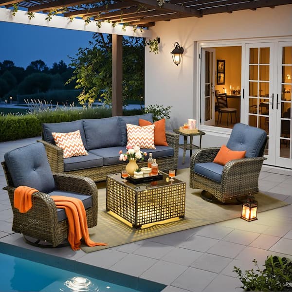 Toject Daphne 5-Piece Wicker Patio Conversation Sofa Seating Set with Swivel Rocking Chairs and Denim Blue Cushions