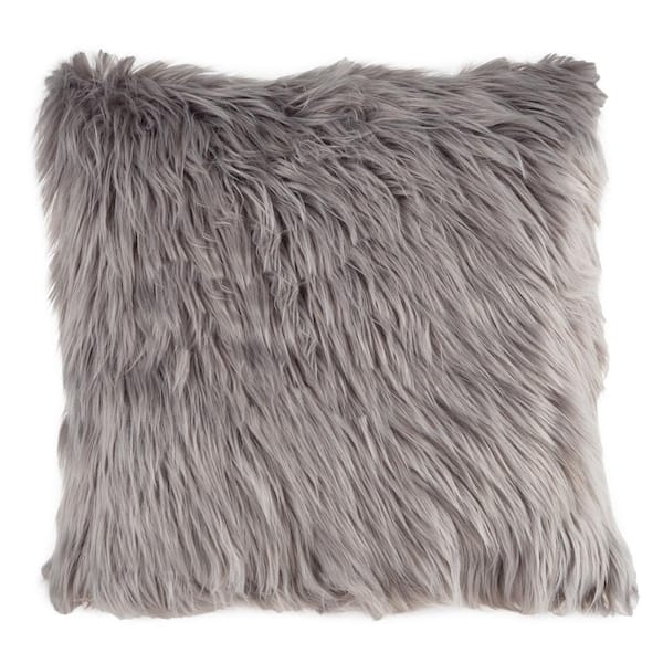 Gray 18 in. x 18 in. Square Faux Himalayan Fur Decorative Throw Pillow