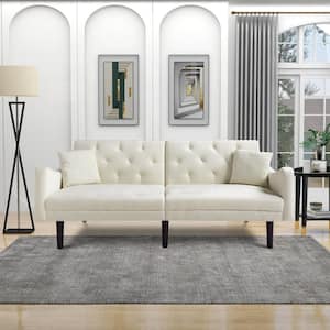 73 in. W Slope Arm Velvet Straight Reclining Sofa in Beige with Pillows