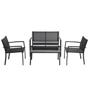Black 4-Piece Metal Patio Conversation Set with Glass Coffee Table