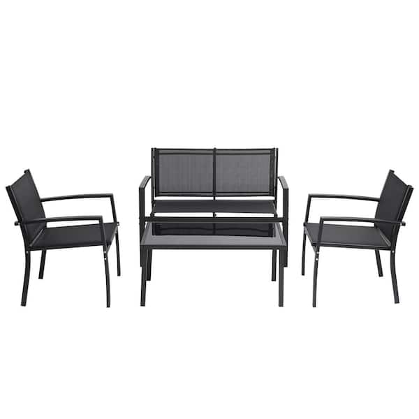 ToolCat Black 4-Piece Metal Patio Conversation Set with Glass Coffee Table