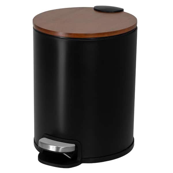 Acento Round 5 L/1.3 Gal. Pedal Trash Bin with Bamboo Soft Close Lid in Black and Stained Bamboo