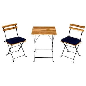 Brown 3-Piece Wood Square 28 in. Outdoor Bistro Fabric Set with 2 Blue Removable Cushions