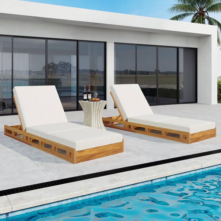 CHRISTOPHER KNIGHT HOME Gail Solid Wood Patio Outdoor Chaise Lounge Triple Folding Cream Cushion, Adjustable Backrest, Teak Finish, (Set of 2)