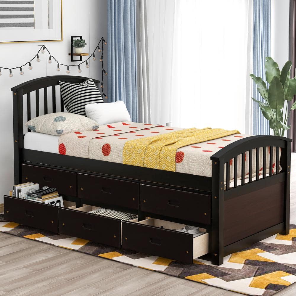 Harper & Bright Designs Espresso Twin Size Platform Bed with 6-Drawers ...