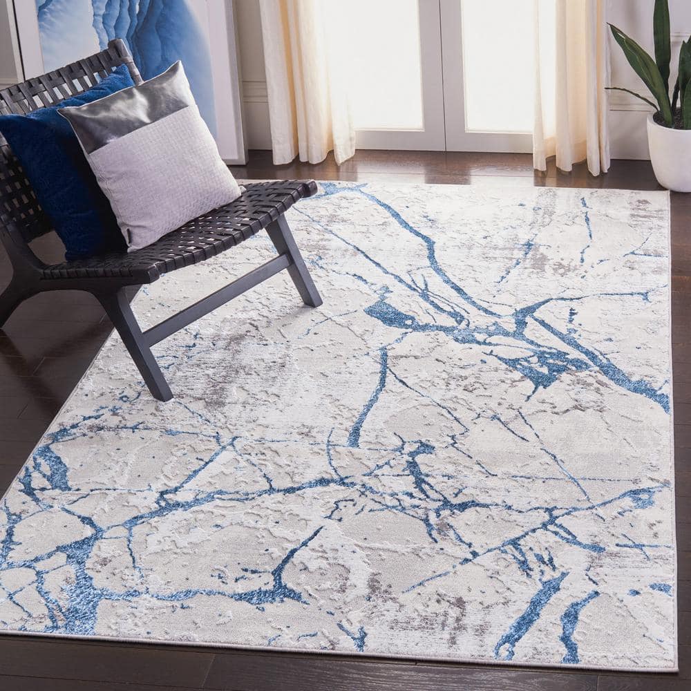 Grey and Blue Abstract Synthetic 9' x 12' Area Rug