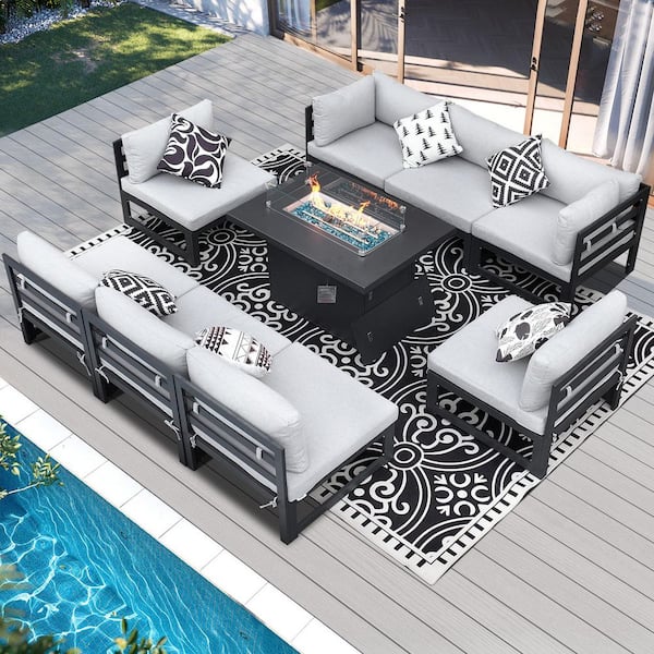 Unbranded Extra Large Gray 9-Piece Aluminum Patio Fire Pit Conversation Set Deep Seating Sectional Sofa with Light Gray Cushions