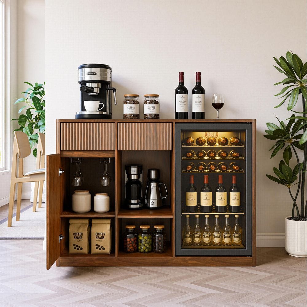Walnut 51.18 in. W Bar Cabinet with Adjustable Shelves and Mini Fridge Nook (Fridge Not Included)