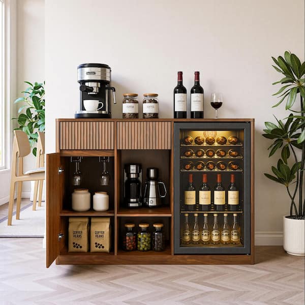 Walnut 51.18 in. W Bar Cabinet with Adjustable Shelves and Mini Fridge Nook (Fridge Not Included)
