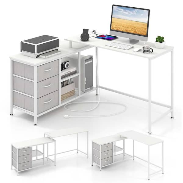 Costway 81 in. Rectangular White Wood 3-Drawer Desk with Power Outlet