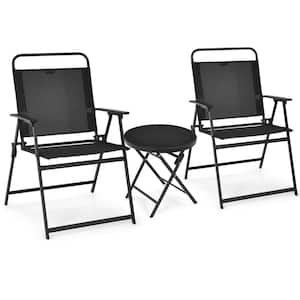 18 in. 3-Piece Metal Rectangular Outdoor Serving Bar Set Folding Table and Chairs Garden Deck Black
