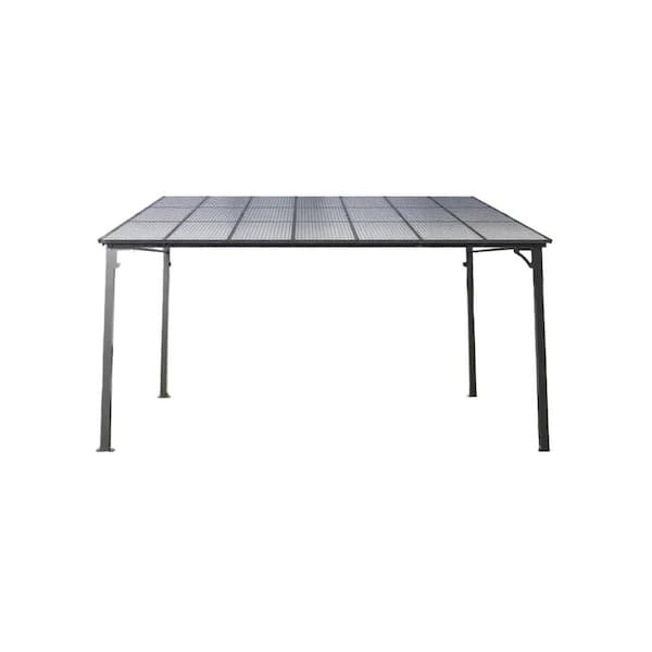 14 ft. x 10 ft. Gray Aluminum Hardtop Wall-Mounted Gazebo with Polycarbonate Roof, Reinforced Frame for Patio, Backyard