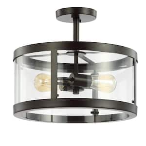Herndon 15 in. 2-Light Oil Rubbed Bronze Iron/Glass Modern Drum LED Flush Mount