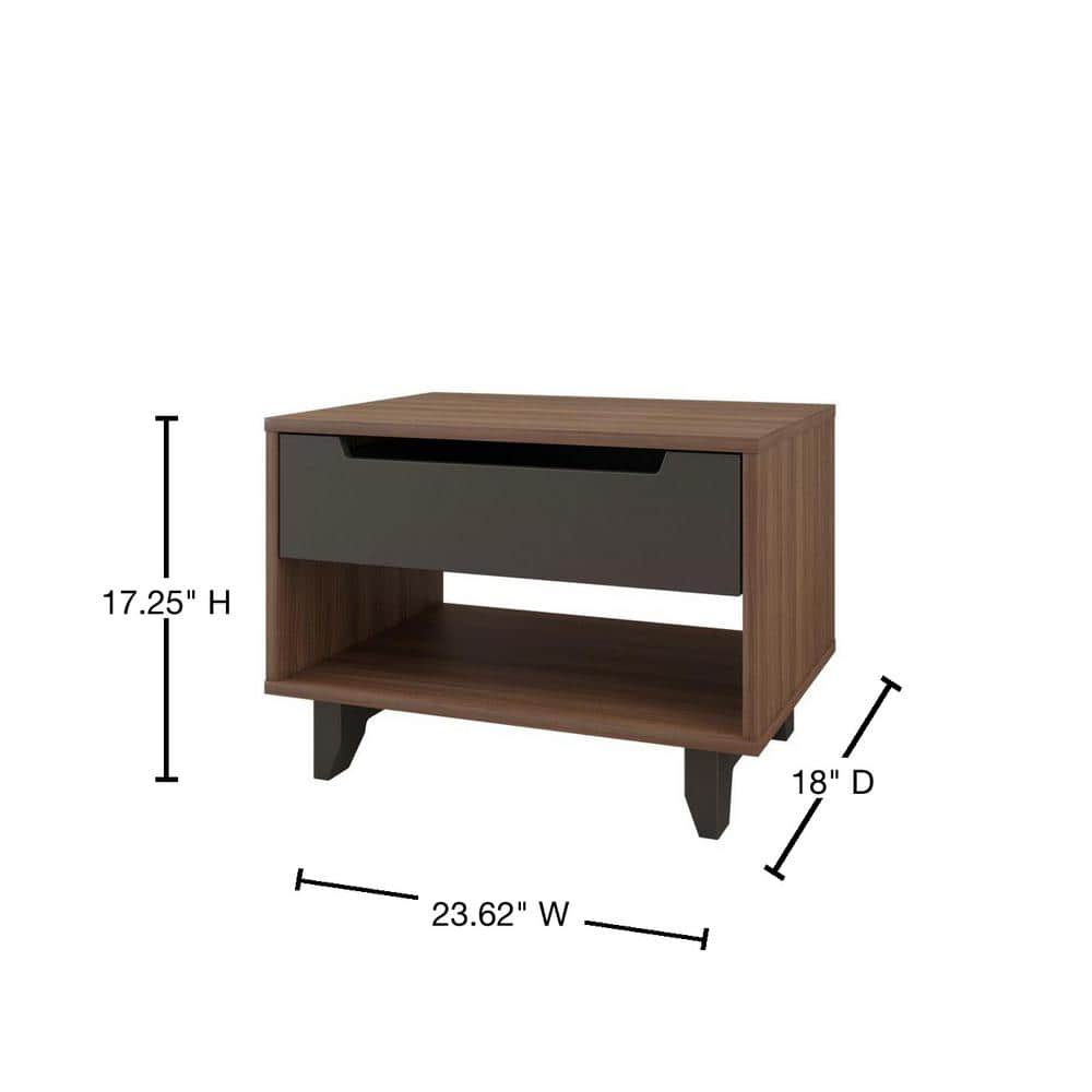 Walnut and Charcoal 1-Drawer Nightstand with Open Shelf