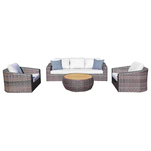 Sol Living Melbourne Gray 4-Piece Wicker Round 17 in. Patio Conversation with Gray Cushions