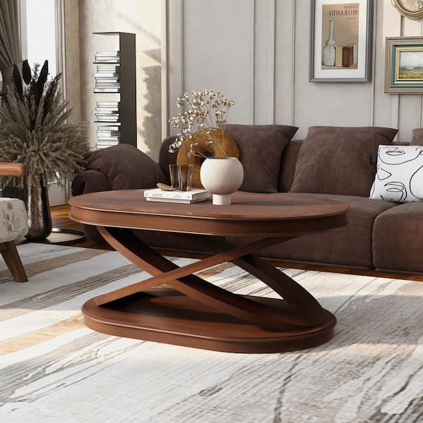 James 44 in. Walnut Oval MDF and Solid Wood Veneer Coffee Table with X-Shaped Base
