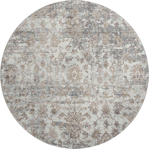 Mayfield Premium Machine Washable Abstract AMF2211 Taupe 8 ft. x 8 ft. Round Rug