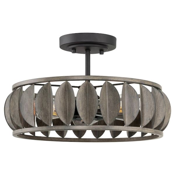 Kira Home Eclipse 60-Watt 3-Light Sandblasted Black Modern Semi-Flush with Gray Oak Shade, No Bulb Included