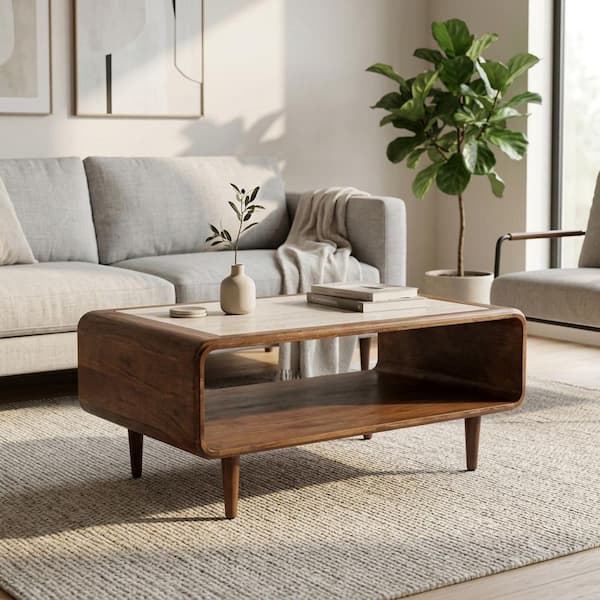 36 in. Brown Rectangle Travertine Stone Coffee Table with Open Storage Shelf