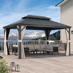 10 ft. x 14 ft. Gray Aluminum Hardtop Gazebo Canopy for Patio Deck Backyard Heavy-Duty with Netting and Beige Curtains