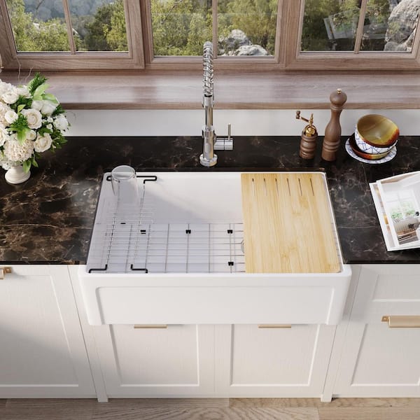 33 in. Farmhouse Double Bowl White Fireclay Workstation Kitchen Sink Dryingrack Plus Cutting Board Plus Bottom Grid More