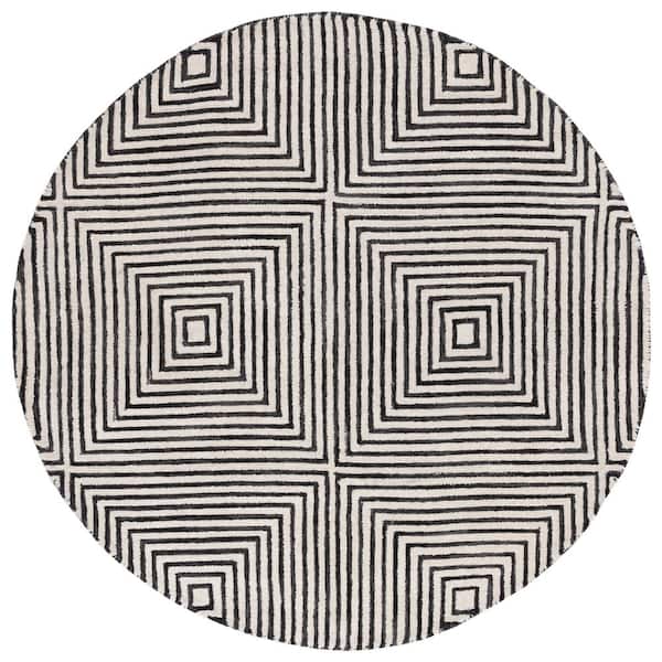 Metro 3 ft. x 3 ft. Black/Beige Geometric Squares Round Area Rug