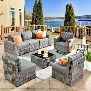 Crater Grey 8-Piece Wicker Wide Arm Patio Conversation Sofa Set with a Swivel Rocking Chair and Striped Grey Cushions