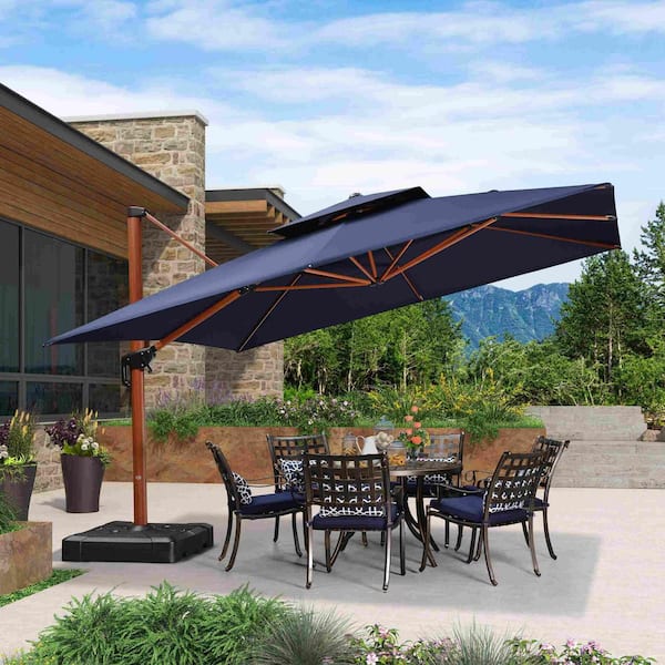 12 ft. Square High-Quality Wood Pattern Aluminum Cantilever Patio Umbrella with Stand in Navy Blue