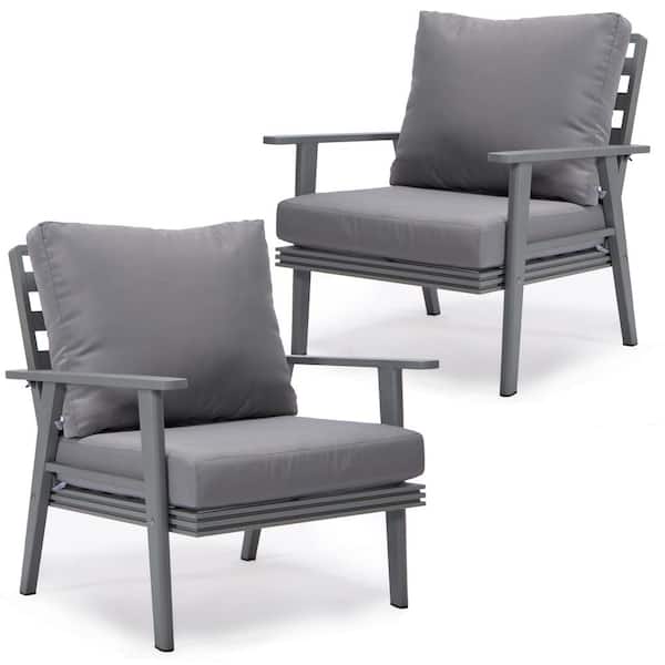 Leisuremod Walbrooke Modern Grey Outdoor Arm Chair with Powder Coated Aluminum Frame and Removable Cushions in Grey Set of 2