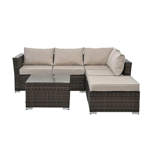 JimsMaison 4-Piece PE Rattan Wicker Patio Conversation Set with Beige Cushion