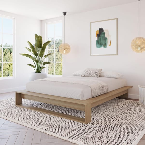 Lido Brown Oak Frame Queen Size Platform Bed with Slats