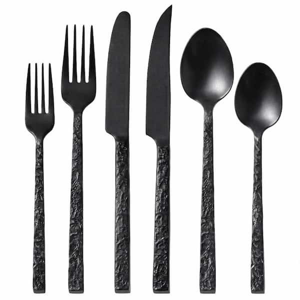 48-Piece Black Hammered 18/10 Stainless Steel Flatware Set with Steak Knives, Service for 8, Dishwasher
