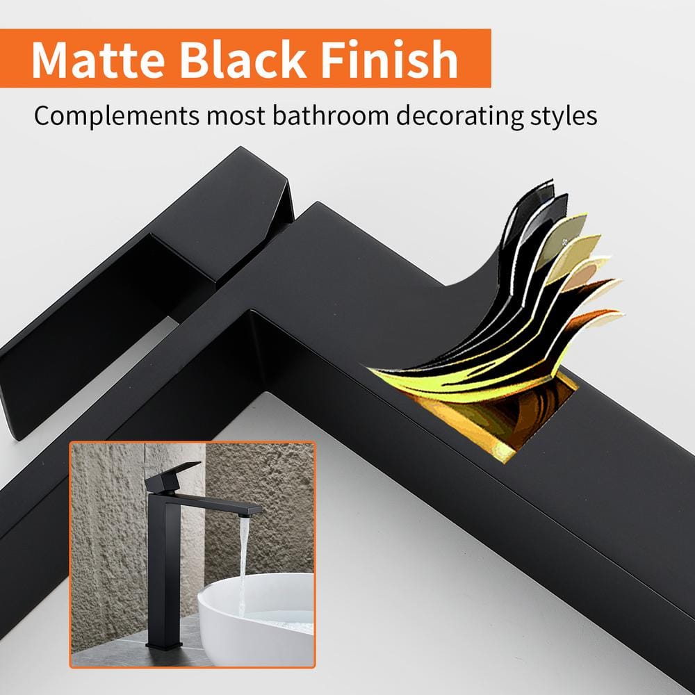 Matte Black Tall Single Handle Vessel Sink Faucet with Pop-Up Drain