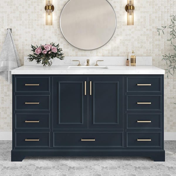 ARIEL Stafford 60 in. W x 22 in. D x 36 in. H Single Freestanding Bath Vanity in Midnight Blue with Carrara White Quartz Top