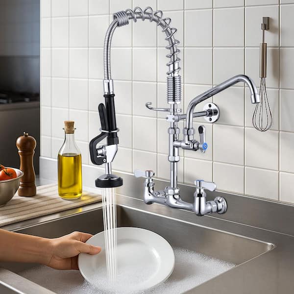 Wall Mount Triple Handle Pull Down Sprayer Kitchen Faucet with Pre-Rinse Sprayer with Advanced Spray in Polished Chrome