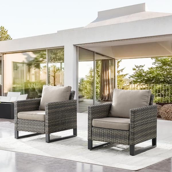 Opohoro U-Weave Metal and Gray Wicker Outdoor Lounge Chair with Olefin Gray Cushions (2-Pack)